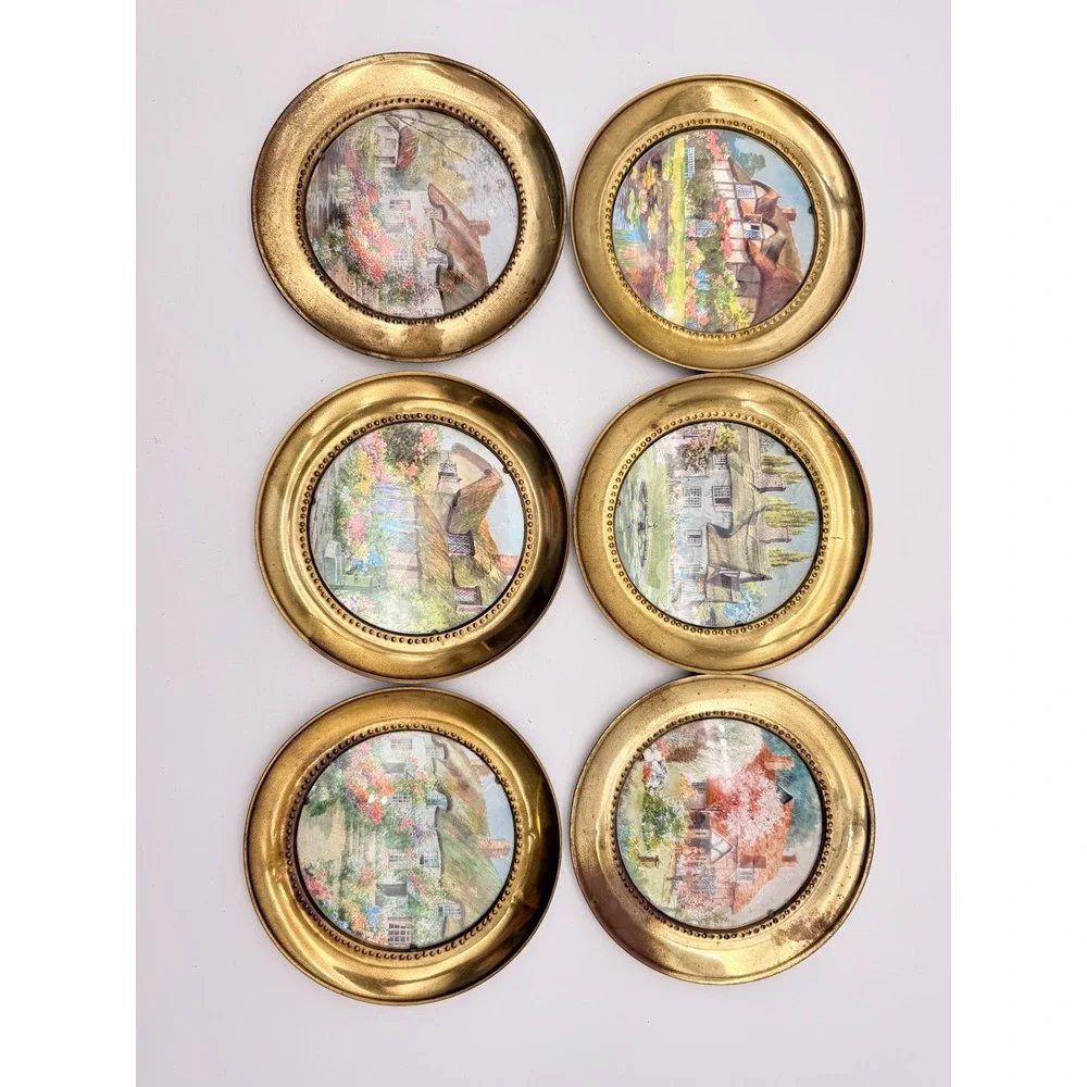 Vintage Brass Tone English Country Cottage Garden Wall Plates Set of 6